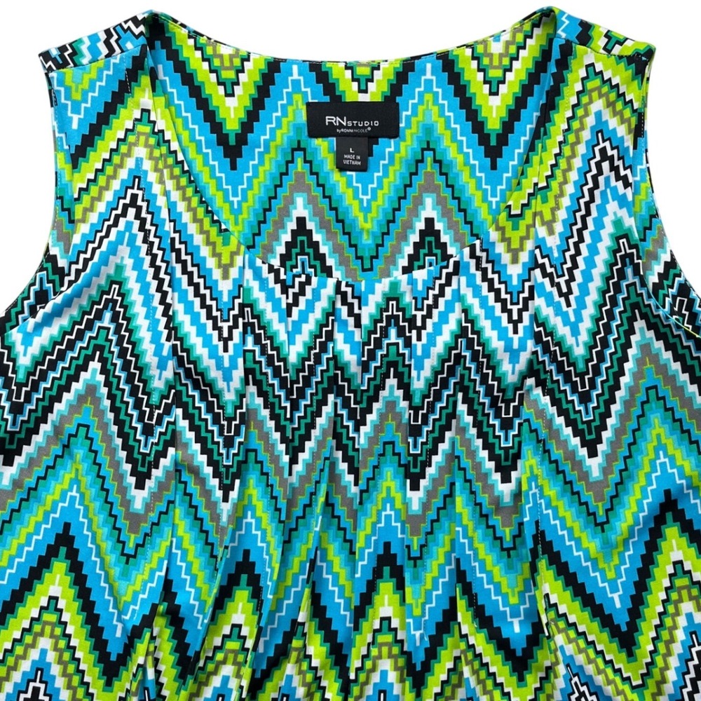 RN Studio Ronni Nicole Womens Blue Green Chevron Zig Zag Sleeveless Dress L